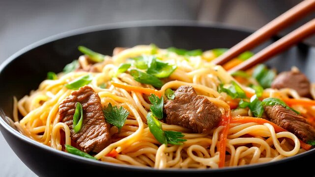 Close up of beef noodles served in a bowl with steam rising in a restaurant Generative AI