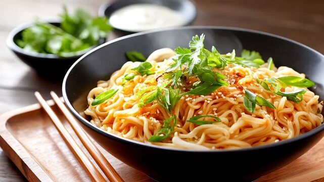 Enjoying delicious asian noodle dish in a cozy setting with friends Generative AI