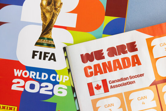 LONDON, UK - JUNE 2026: Canada team page with flag in the 2026 world cup sticker book