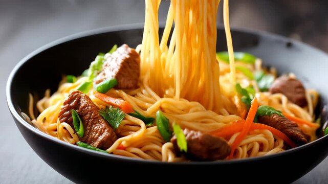 Making noodles and beef in a bowl at the kitchen Generative AI