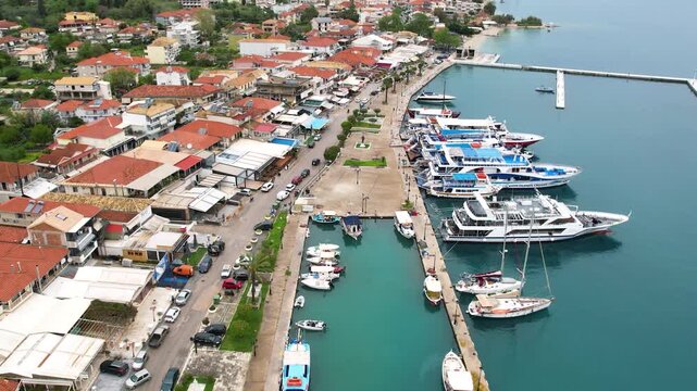Aerial View of Nydri Marina in Lefkada Island Greece, Cruise Ferrys Docked in Port
