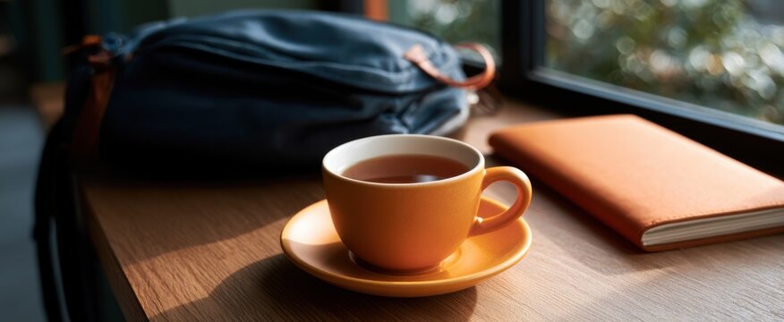 Tea cup on desk beside backpack and notebook in cozy morning caf&eacute; with natural light, tea served in porcelain cup on saucer set on wooden table by window sunlight