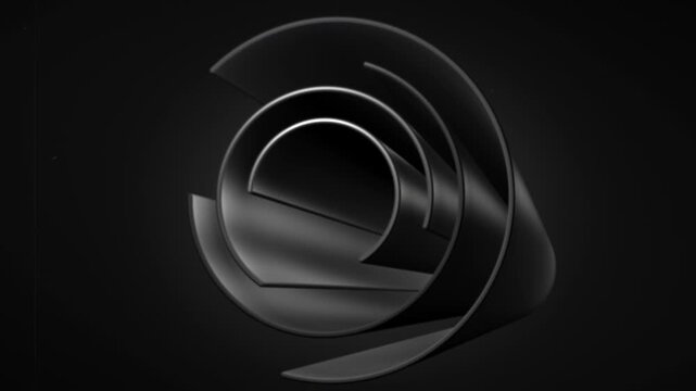 Nested metallic half-pipes loop in a retro black and white animation, rotating like curled film strips as soft highlights sweep across their surfaces, making them glow and creating hypnotic motion