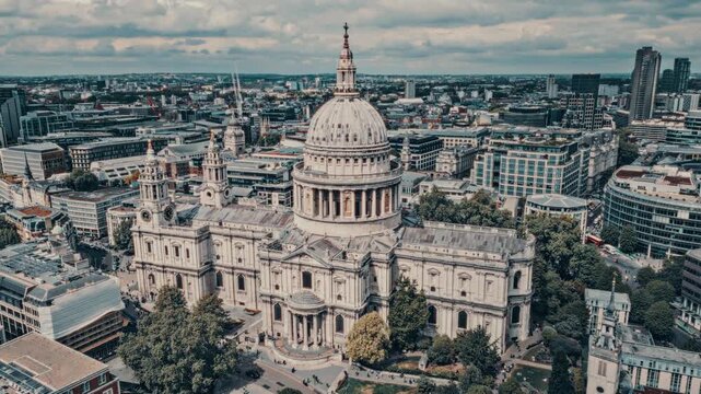A bright drone shot of St Pauls cathedral in London
