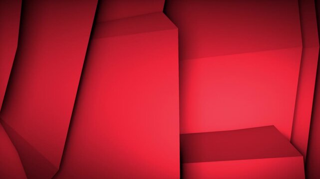 Red abstract animation of slopes rise and fold like a shifting mountainside, with the camera panning upward through sharp planes, glowing light, and steady motion that feels vast and immersive