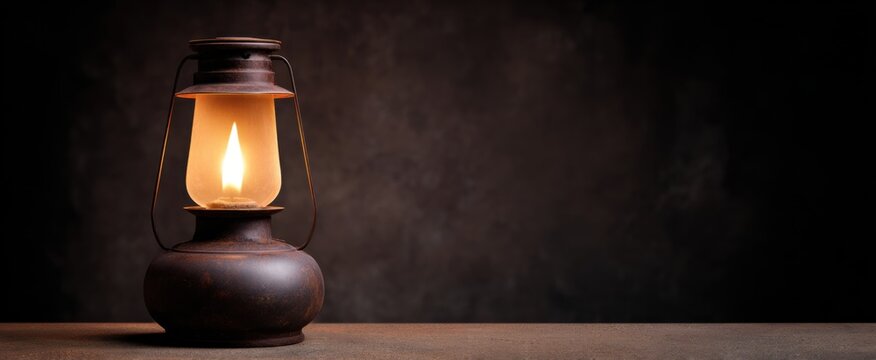 Authentic Antique Oil Lamp emitting a gentle flickering light in isolation