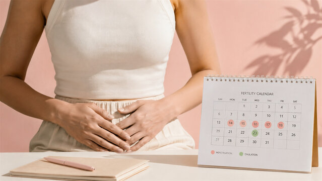 woman holding abdomen near fertility calendar on table. Female person tracking menstruation and ovulation cycle. Concept of reproductive health, family planning and healthcare routine