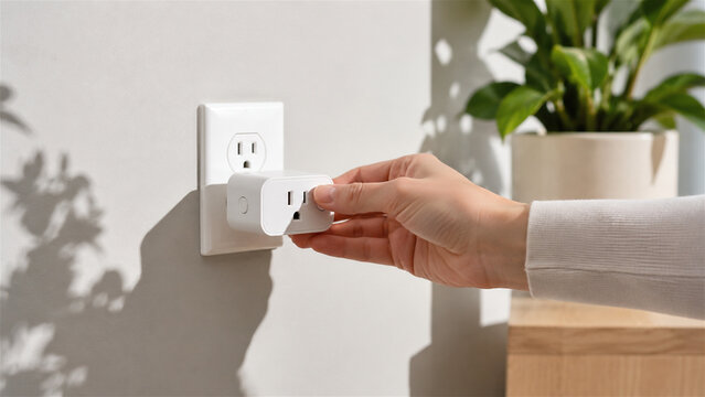 woman plugging smart outlet into wall power socket. Intelligent home automation device for energy control. Electrical connection for modern electronics and appliance management technology