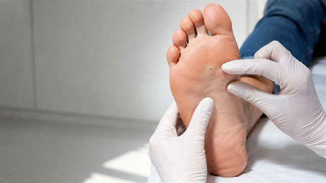 podiatrist examining callus on sole of patient foot. Doctor check skin condition on human limb. Dermatology consultation in clinic. Professional foot care and medical health treatment