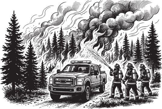 Heroic firefighters battling a raging forest wildfire with a rescue truck, vintage engraving vector illustration of emergency smoke and flames.
