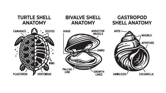 Detailed turtle bivalve gastropod shell anatomy for educational biology concepts