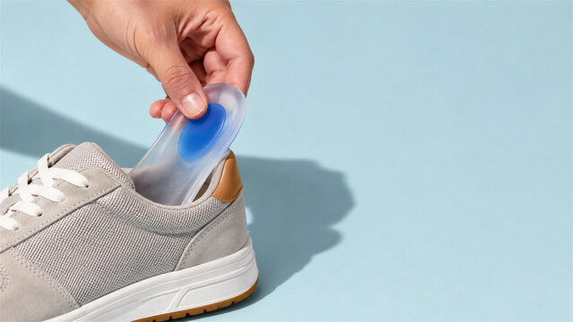 woman inserting silicone heel cushion into sneaker. Orthopedic gel insole for shoe comfort and foot pain relief. Medical accessory for health care and daily walking support solution