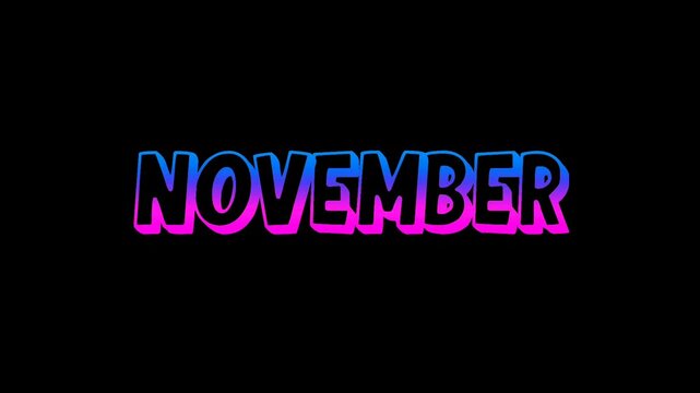 November neon text animation with glowing blue and pink gradient effect on a black background. Modern luminous typography featuring the month of December in a vibrant neon style