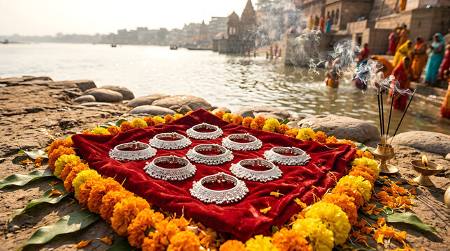 Ganga dussehra religious offering of silver anklets by the river