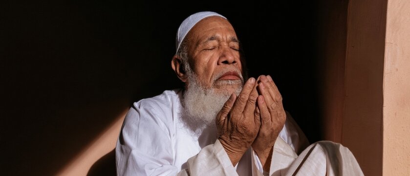Elderly Muslim man praying with hands raised in supplication for religious editorial, islamic culture storytelling and spiritual devotion featuring warm window light