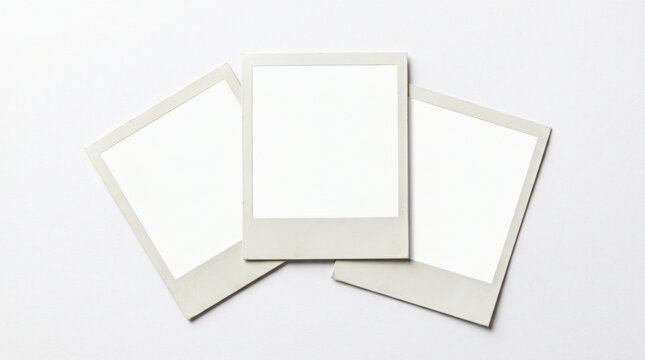 Set of three blank instant photo frames mockup on white surface. Vintage film border for photography display, snapshot picture template, memory album layout.