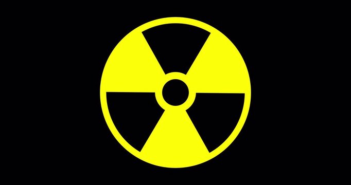 Animated radiation warning symbol with blinking effect on a transparent background. Black trefoil on yellow circle flashes to indicate radioactive hazard, safety alert, and nuclear risk warning.