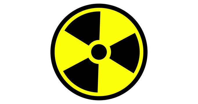 3D animation of rotating radiation warning symbol with black trefoil on yellow background, illustrating radioactive hazard, nuclear safety, risk awareness, and industrial warning signage.