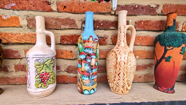 Handcrafted decorative bottles displayed on a wooden shelf against a brick wall