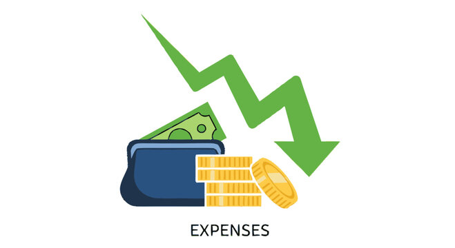 Wallet with money and decreasing graph.