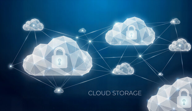 Abstract cloud storage network concept showing luminous polygonal clouds with security lock icons connected by lines over dark blue background for data protection.