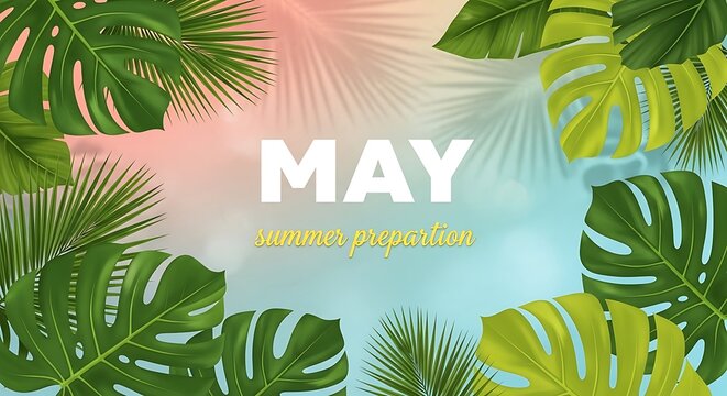 May celebration banner with tropical leafy border and pastel gradient background for seasonal events.