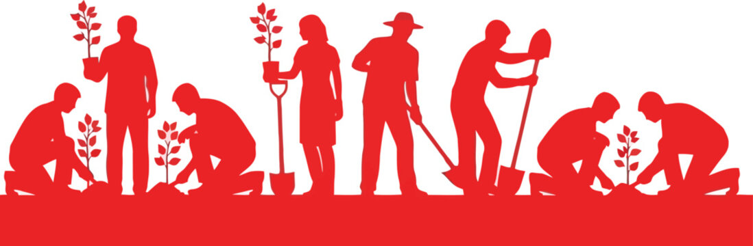 Red silhouettes of people gardening and planting trees isolated on transparent background