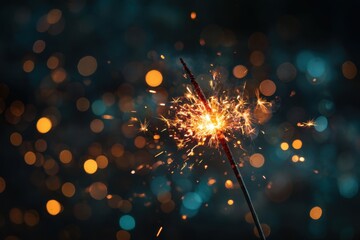 Obraz premium Bright glowing sparkler emitting vibrant sparks and festive bokeh lights against a dark blurred background creating a warm celebratory atmosphere