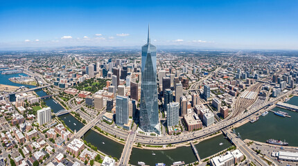 Obraz premium Aerial panorama of One World Trade Center and lower Manhattan cityscape.