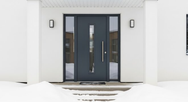 A sleek charcoal gray modern entrance door features narrow glass panels, framed by crisp white snow on a minimalist porch in wintertime, architecture, hardware, atmospheric