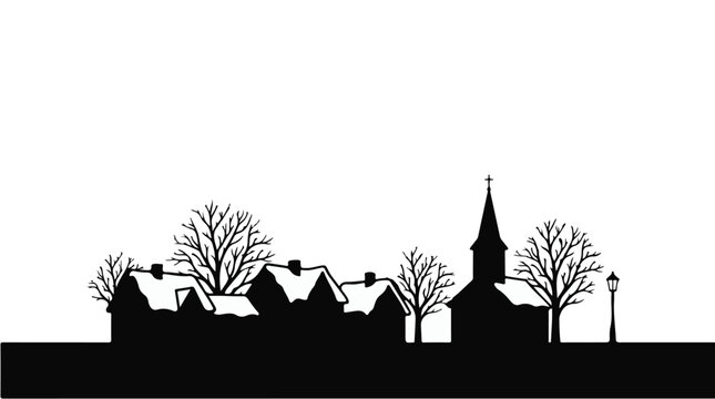 Black silhouette of small town village with church and houses on white background, winter landscape scene with bare trees and street lamps, peaceful rural scenery