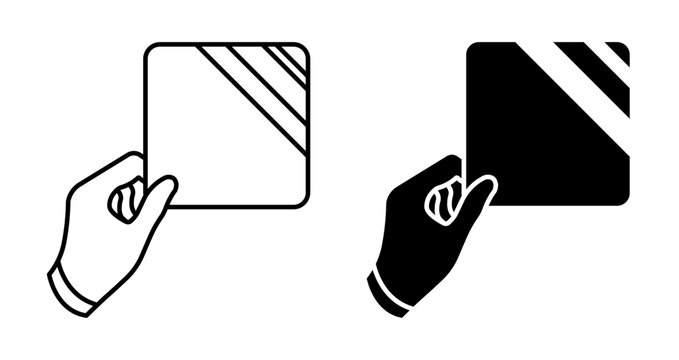 Linear icon. Scientist hand holds a square photovoltaic panel made of a modern, high efficiency perovskite material. Simple black and white vector isolated on white background