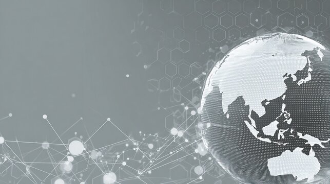 An abstract digital illustration against a cool gray background depicts stylized maps of various regions. Subtle hexagonal background textures reinforce the concept of connecting data transmission.