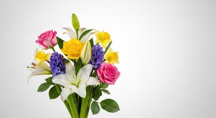 Obraz premium A vibrant bouquet of fresh spring flowers featuring roses and lilies rests elegantly against a clean, soft white gradient background, anniversary, gift, roses