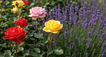 Obraz premium A vibrant summer garden filled with blooming colorful roses and lavender under soft natural sunlight, creating a peaceful outdoor landscape, leaves, vegetation, soft