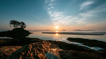 Obraz premium Dramatic sky over coastal beach at sunrise with rocks reflecting in calm water for maritime tourism, nature advertising and peaceful soul awakening background