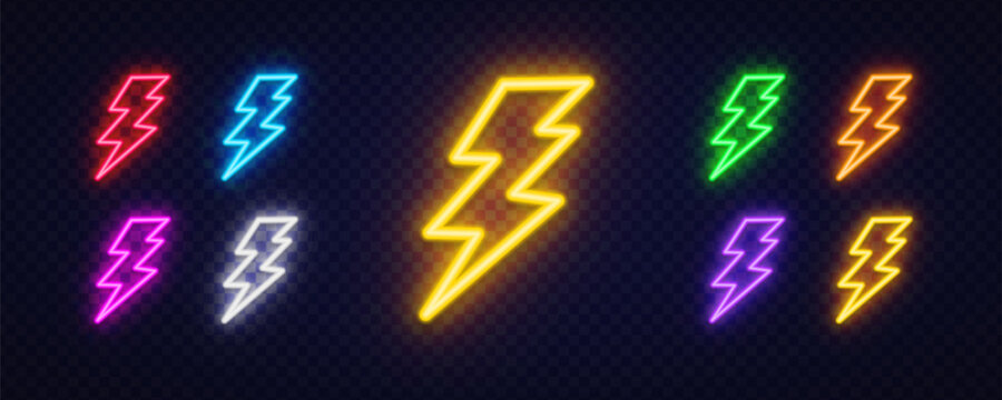 Set of 9 neon lightning bolt icons with sharp zigzag shape in yellow, red, blue, green, orange, pink and purple on dark transparent background.