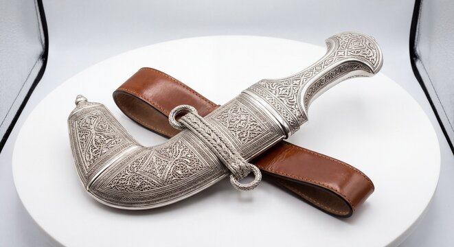 Ornate silver dagger with leather sheath on white circular display.