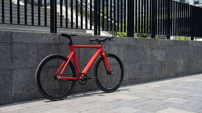 Red fixed gear bicycle parked beside modern urban walkway with contemporary architecture and copy space, showcasing sustainable transportation, eco friendly city commuting and urban cycling lifestyle
