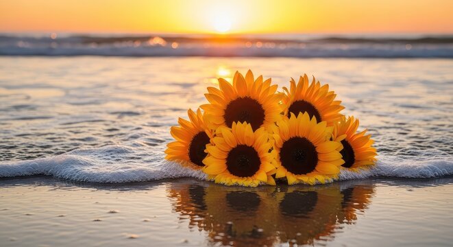 Golden sunflowers resting on wet sand at the shore during a warm sunset. Gentle ocean waves touch the yellow floral petals at the coastline, ocean, foam, sunset