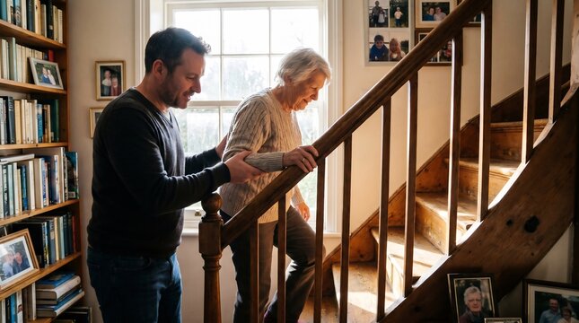 Man helping elderly woman on stairs.