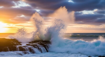 Fototapeta premium Majestic turquoise waves crash against dark coastal rocks, sending white foam and mist into the air beneath a dramatic, cloudy sunset sky, scenic, water, cliff