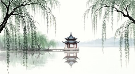 Obraz premium Serene ink wash painting captures an ancient tiered pavilion by a misty lakeside, framed by the delicate, drooping branches of willow trees, classic, textured, fog
