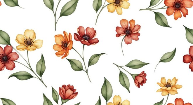 Seamless autumnal floral pattern with vintage watercolor blossoms and botanical leaves in warm tones for elegant textile and rustic decor, decorative, print, seamless