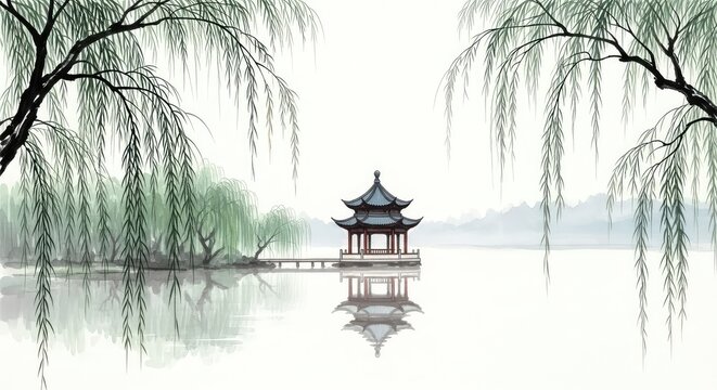 Serene ink wash painting captures an ancient tiered pavilion by a misty lakeside, framed by the delicate, drooping branches of willow trees, classic, textured, fog