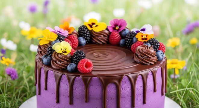 Vibrant purple cake covered in rich chocolate frosting, topped with fresh berries and colorful edible flowers on a floral meadow background, purple, confectionery, cake
