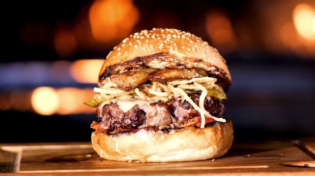 Gourmet beef burger with melted cheese and toppings, juicy grilled cheeseburger on wooden board, delicious fast food dinner with bokeh background