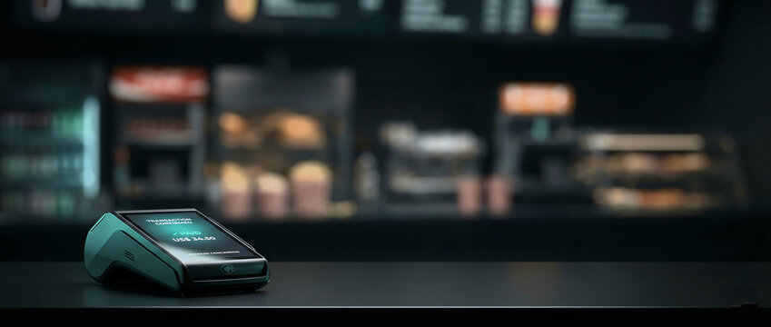 Modern Payment Terminal on Countertop in Blurred Cafe Background with Soft Lighting