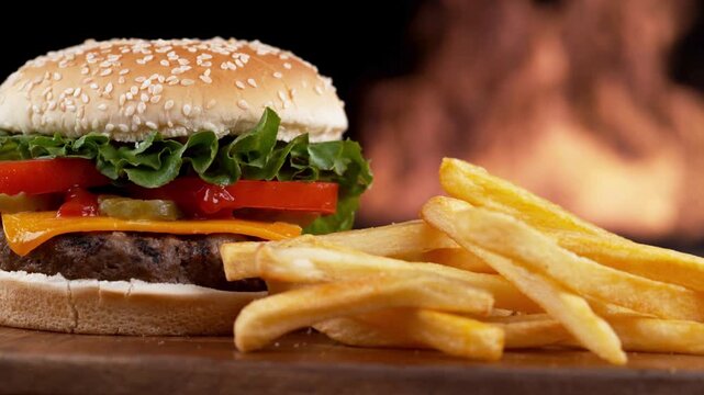 Flame-grilled cheeseburger with golden french fries, classic beef burger on sesame bun, fast food meal with fire background