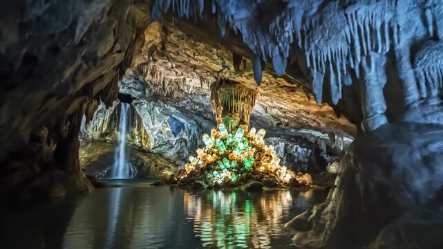 Exploring a Vast Underground Cave with a Waterfall and a Glowing Crystal Formation in an Emerald Lake